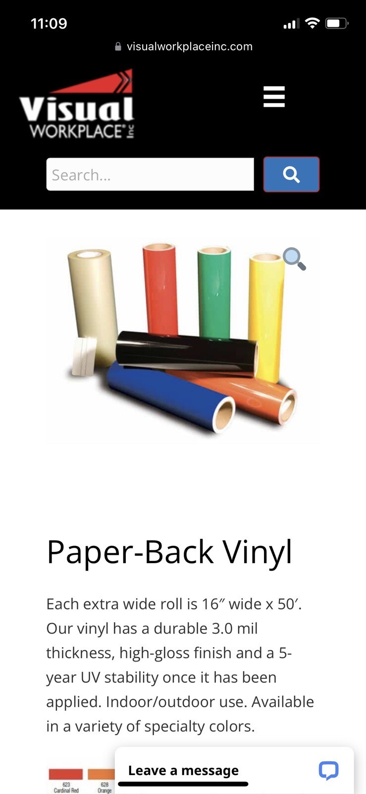 Visual Workplace Cardinal Red Vinyl  16” X 50’        20-1600-1650-623