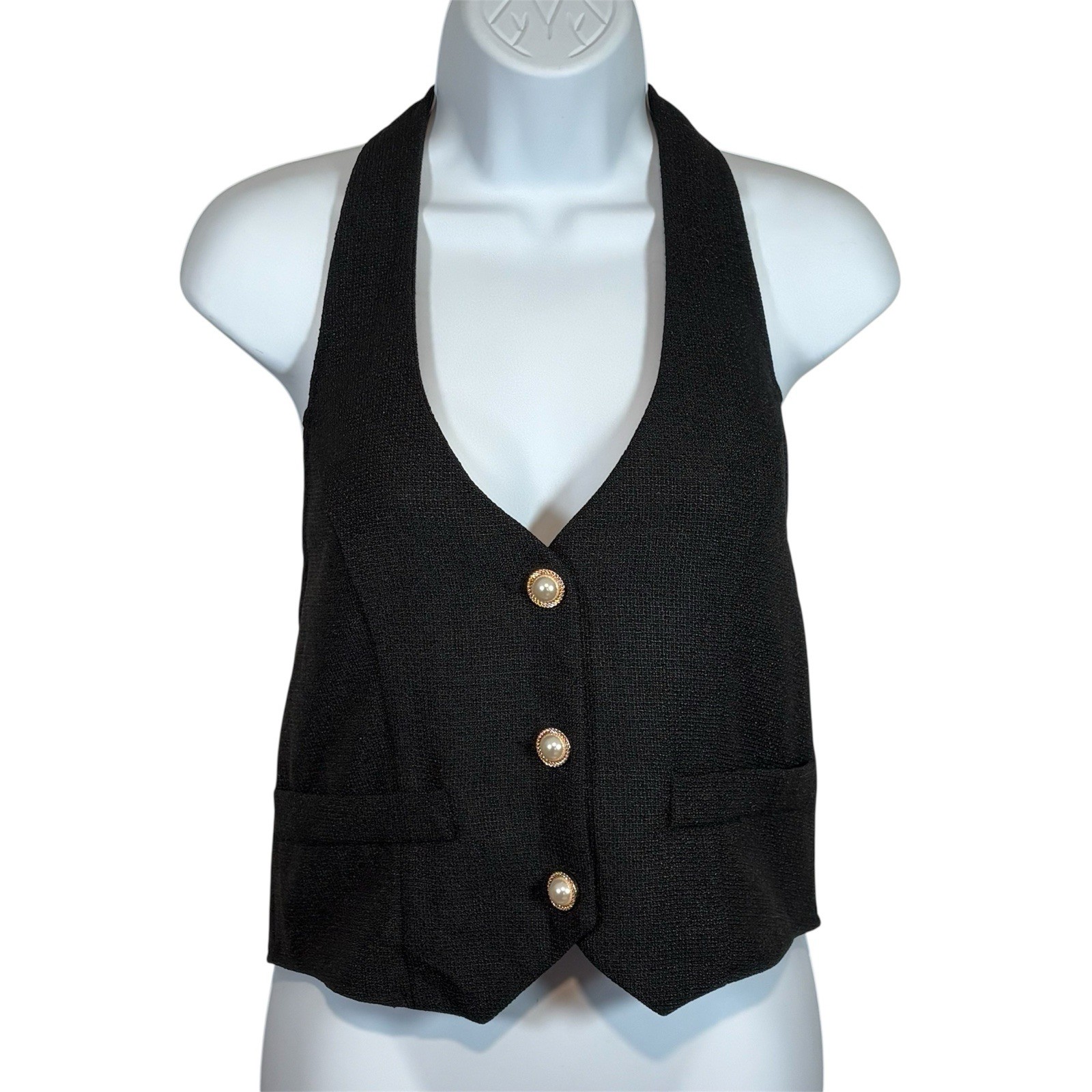 NWT Cider Vest L Pearl Button Sleeveless Black Coquette Romantic Modern Preppy