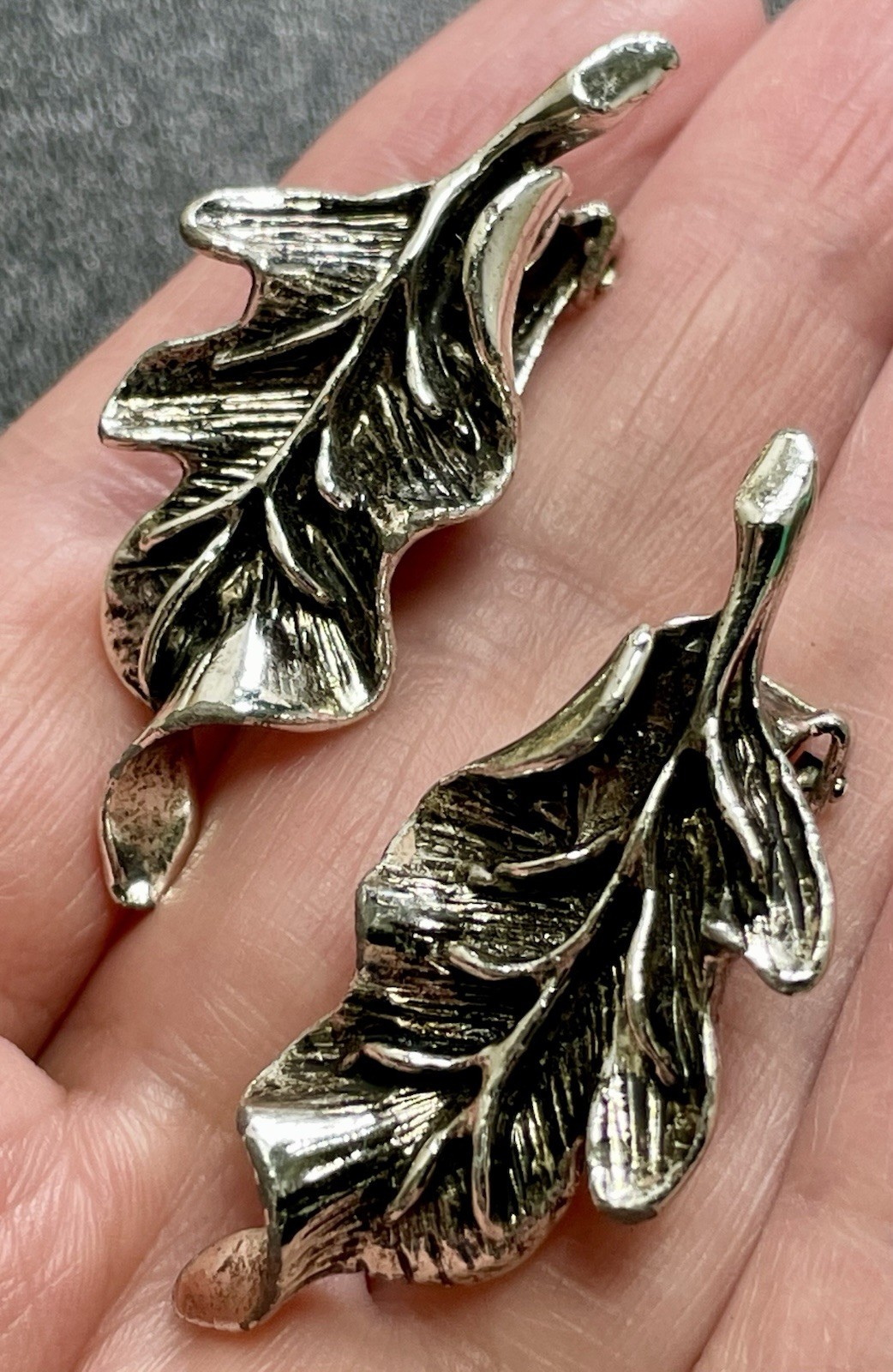 Vintage Large 1.8” Silver Tone Leaf Clip Earrings
