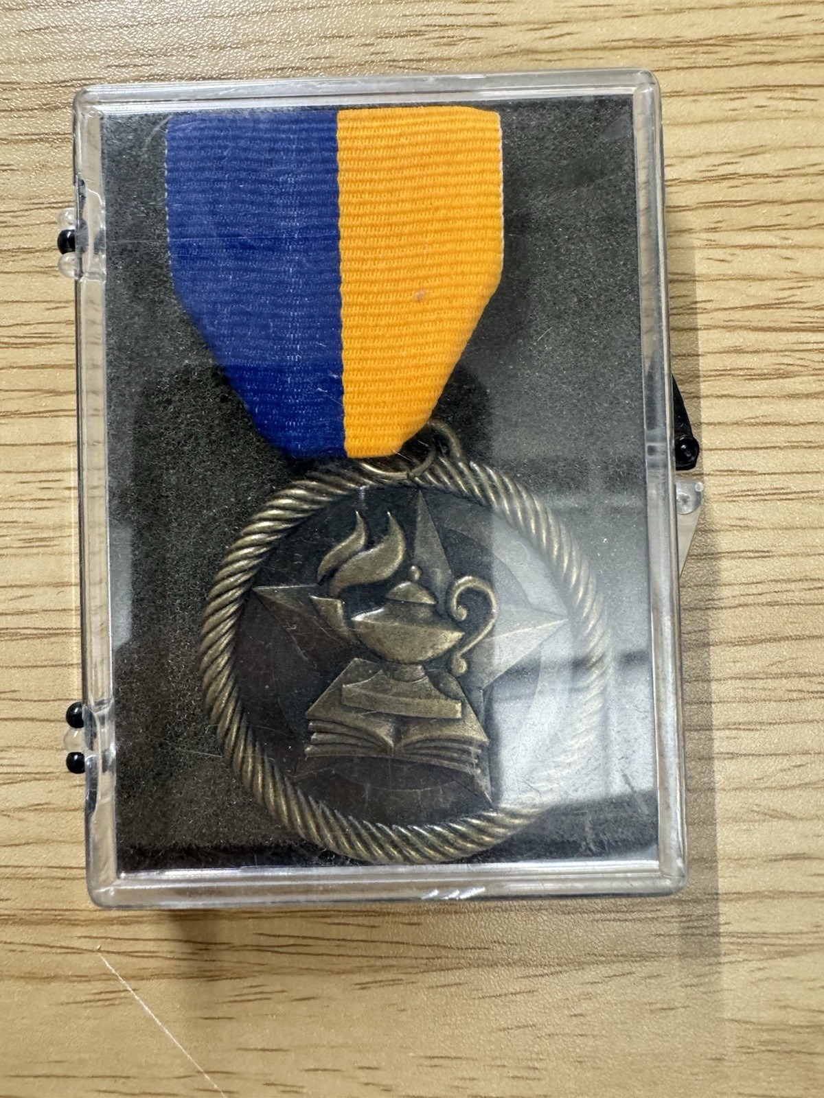 Lamp of Knowledge Medal with Blue and Yellow Ribbon Pin- New In Case