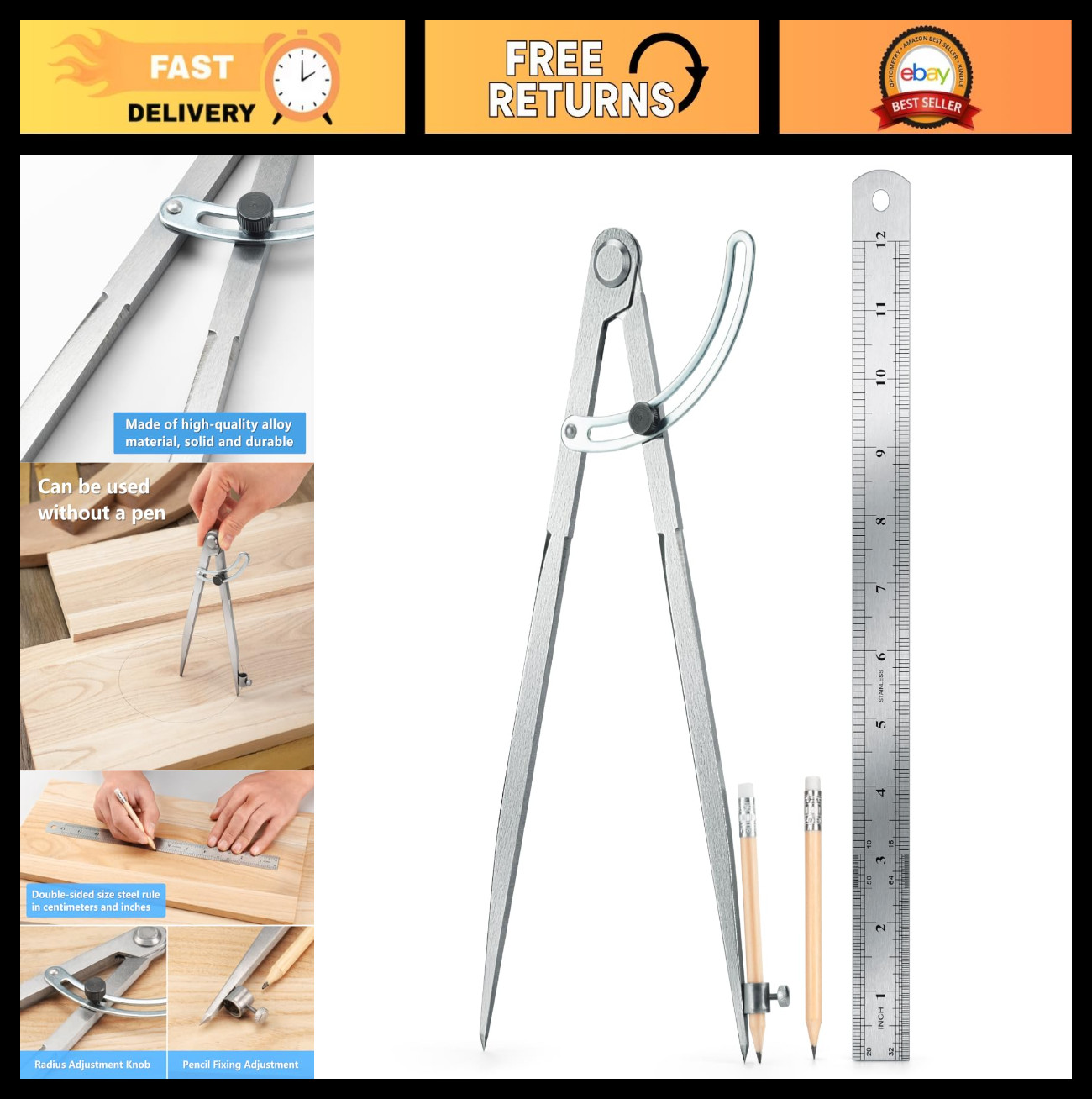 Professional 12" Woodworking Compass Tool - Locking Drafting Compass with Pencil