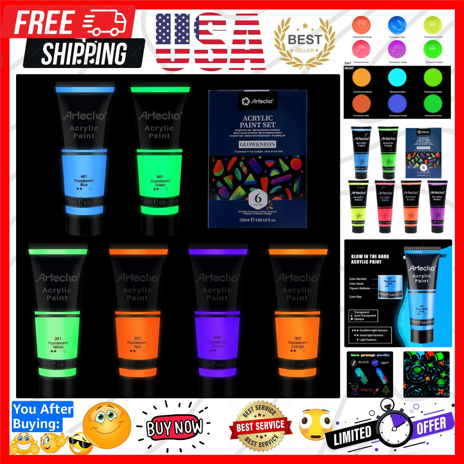 Glow in the Dark Paint 6 Colors, 120 ml / 4 oz Acrylic Paint for Decoration, ...