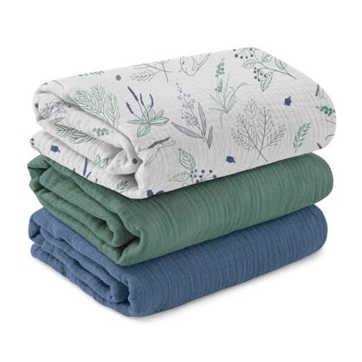 Muslin Swaddle Blankets for Newborn, 3 Pack Breathable 3 PACK Fawn & Leaves