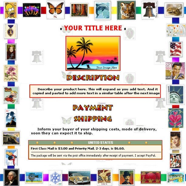 AUCTION TEMPLATE United States Stamps Border Design - FREE Email Shipping