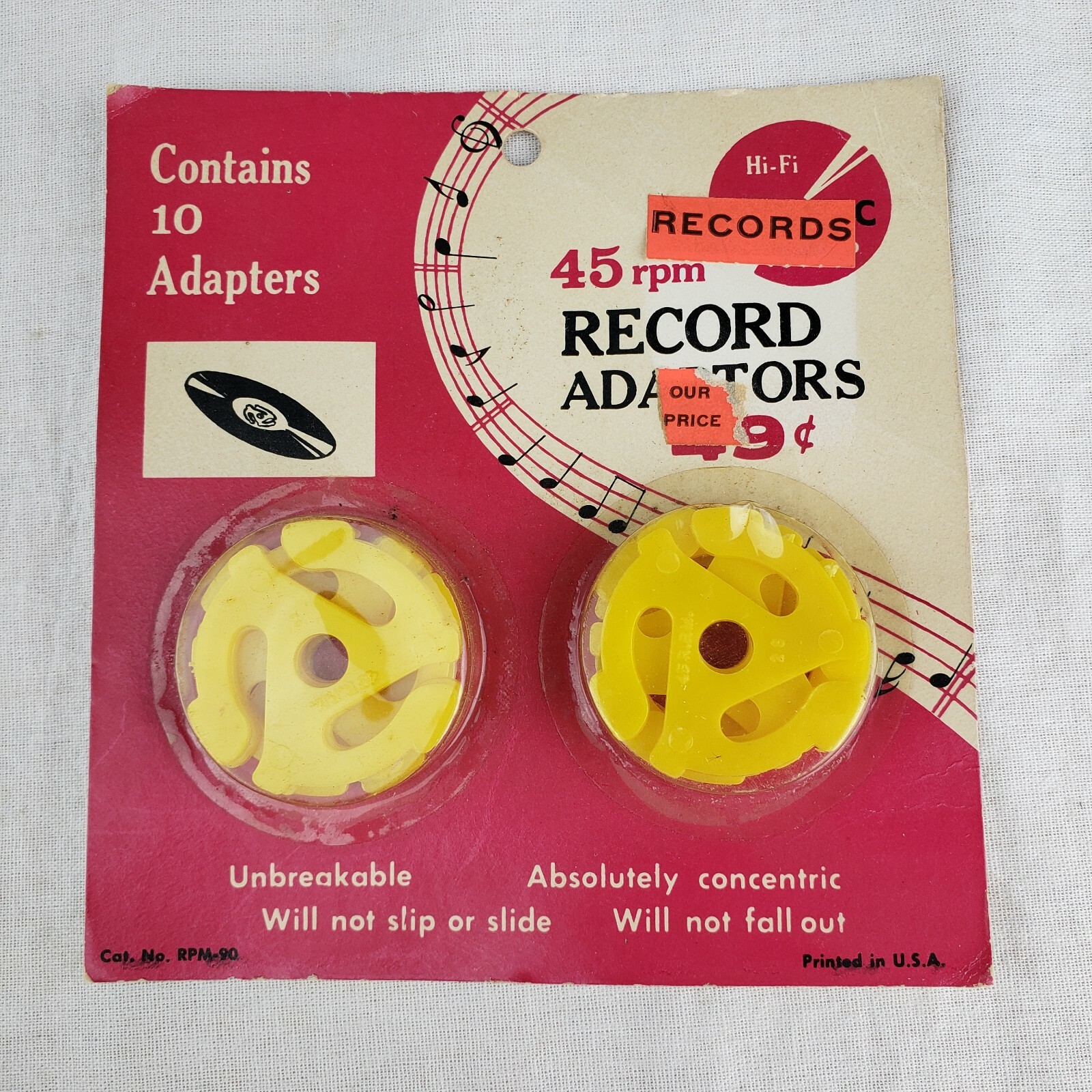 Vintage Unopened Package of 45 RPM Record Insert Adapters Yellow U.S.A. Hi-Fi