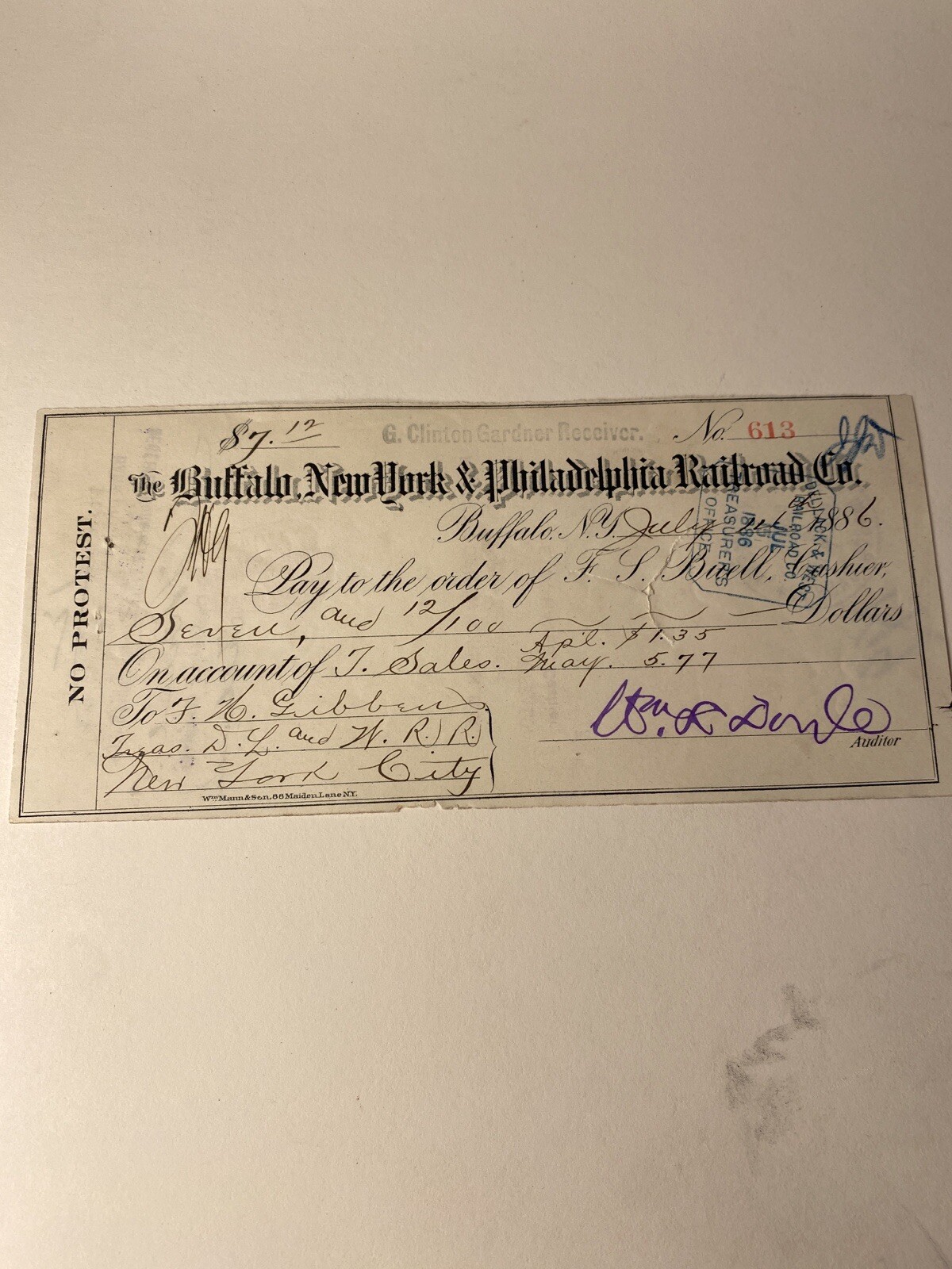 1886 Check Buffalo, New York & Philadelphia Railroad Co.