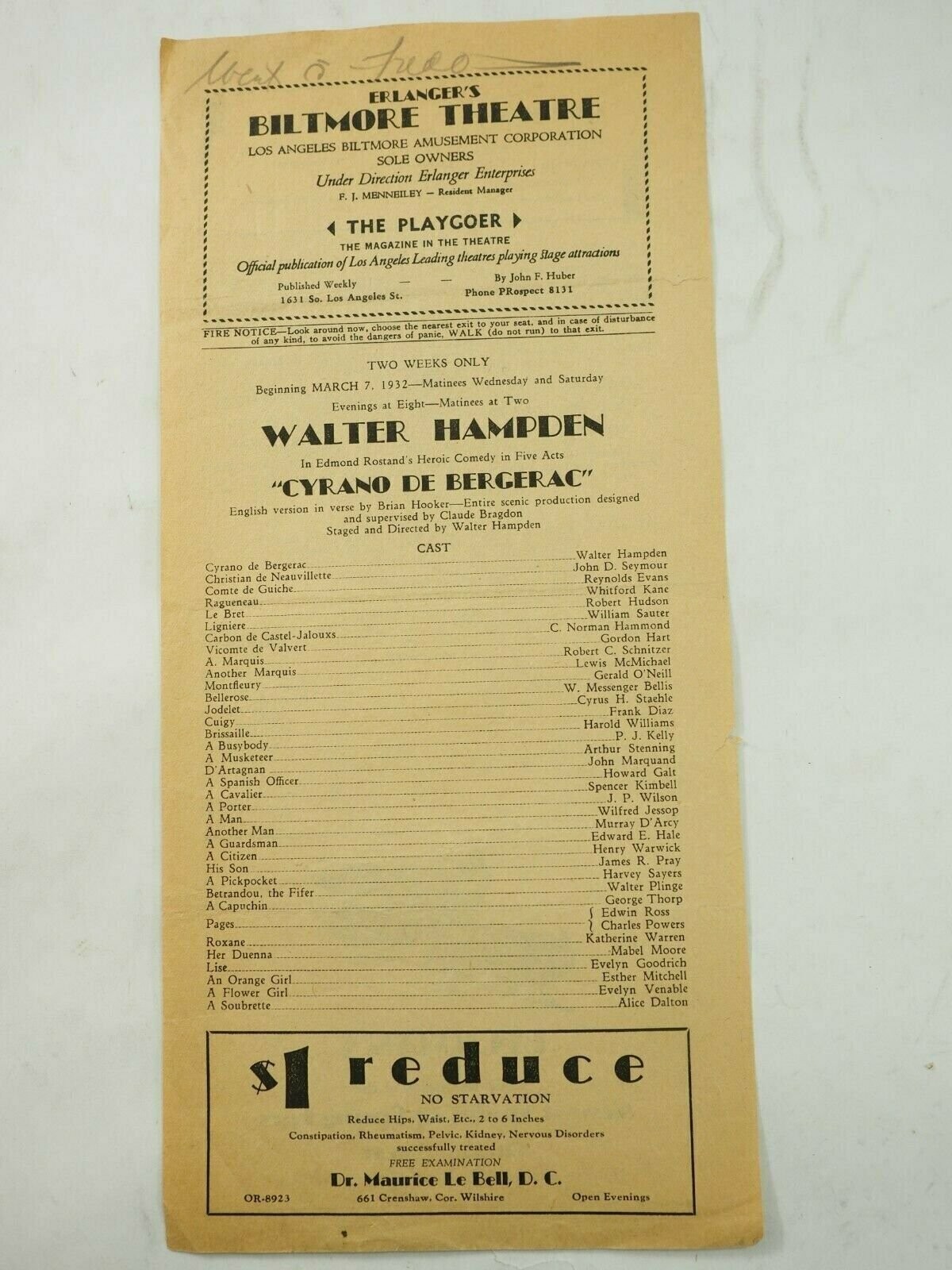 Biltmore Theatre Walter Hampden "Cyrano De Bergerac "March 1932 LA Playbill
