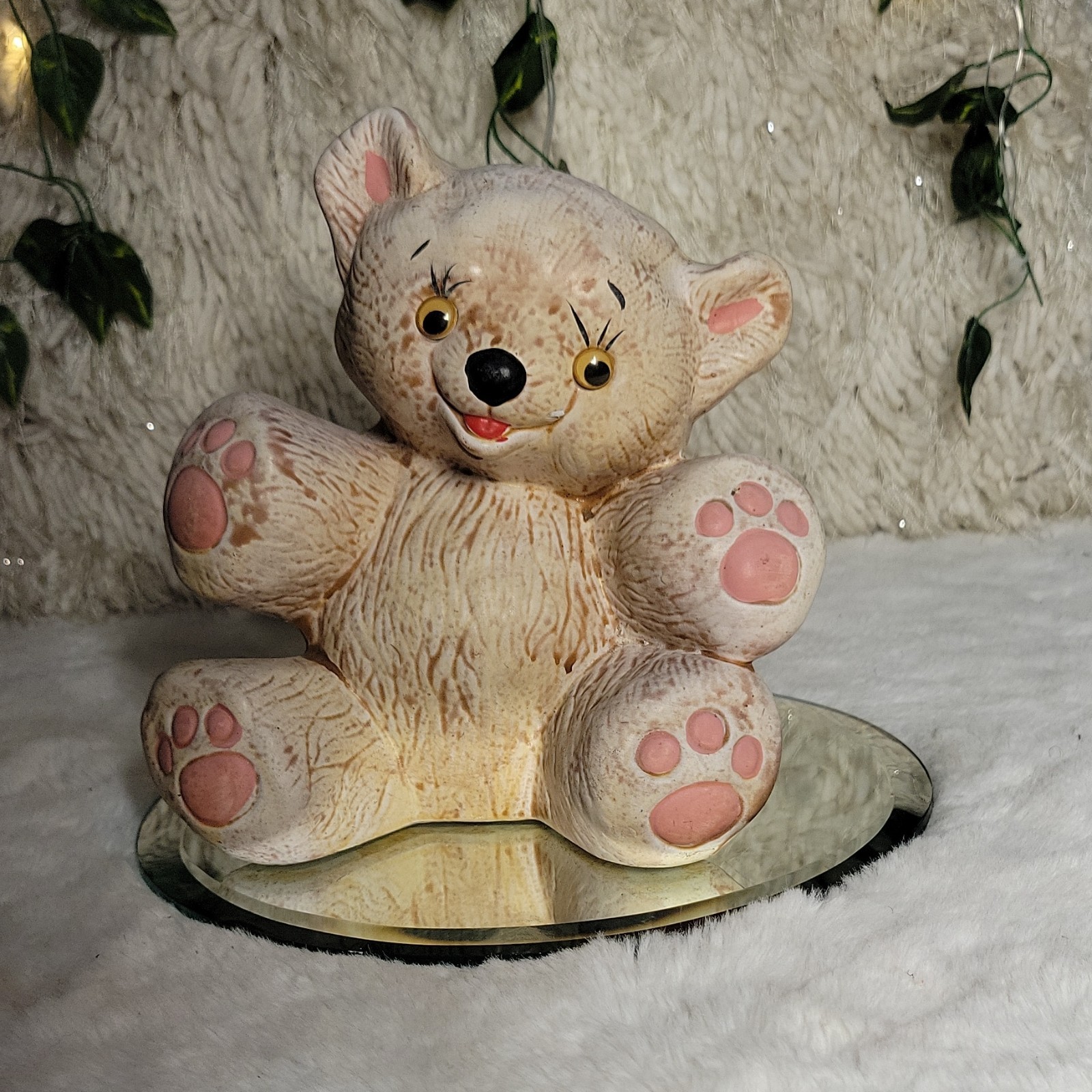 VTG. Ceramic Bear Piggy Bank with Pink Paws, Animal Theme, Collectible Home Deco