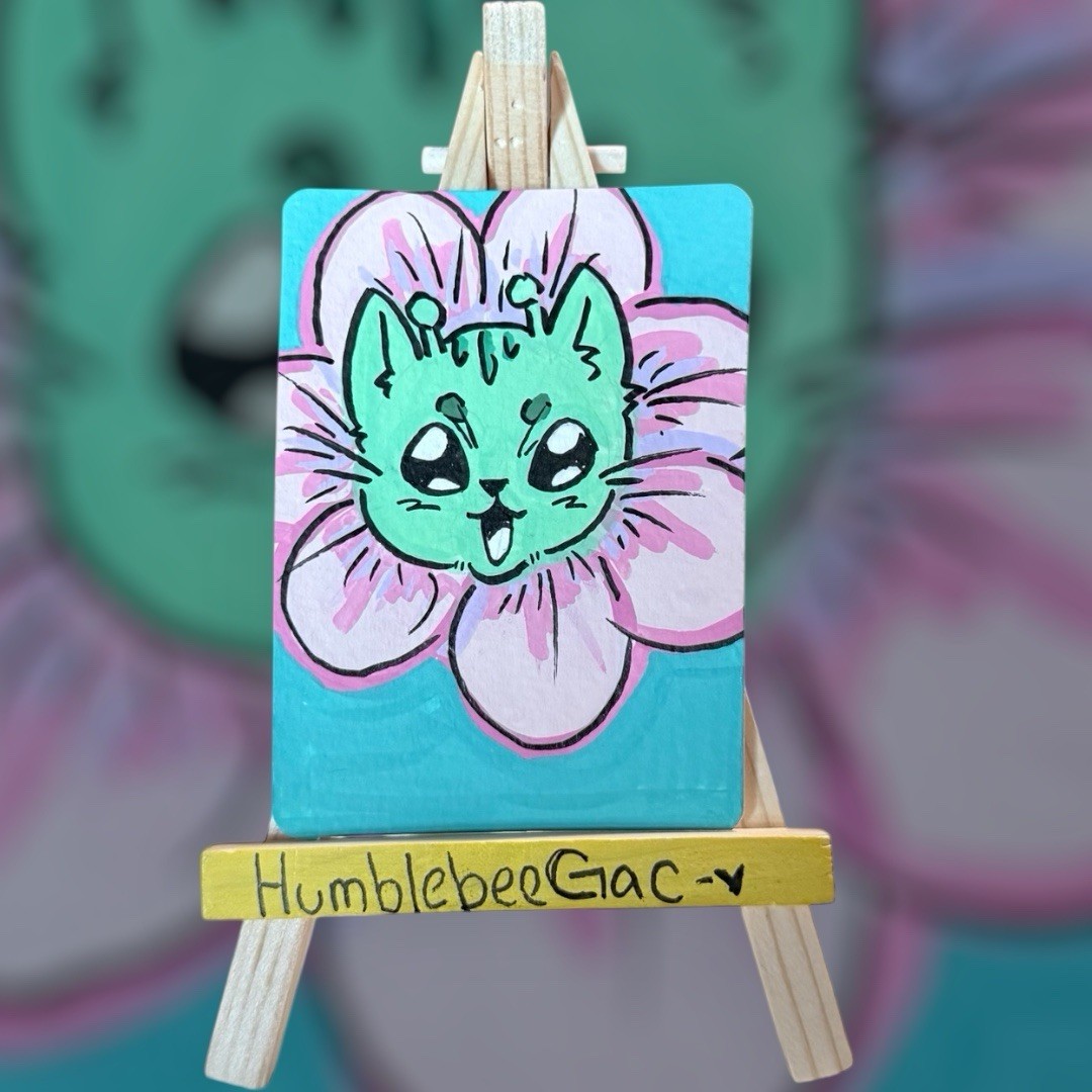 ACEO Art Card Original Acrylic Alien cat  see all 2.5in x 3.5in humblebeegac