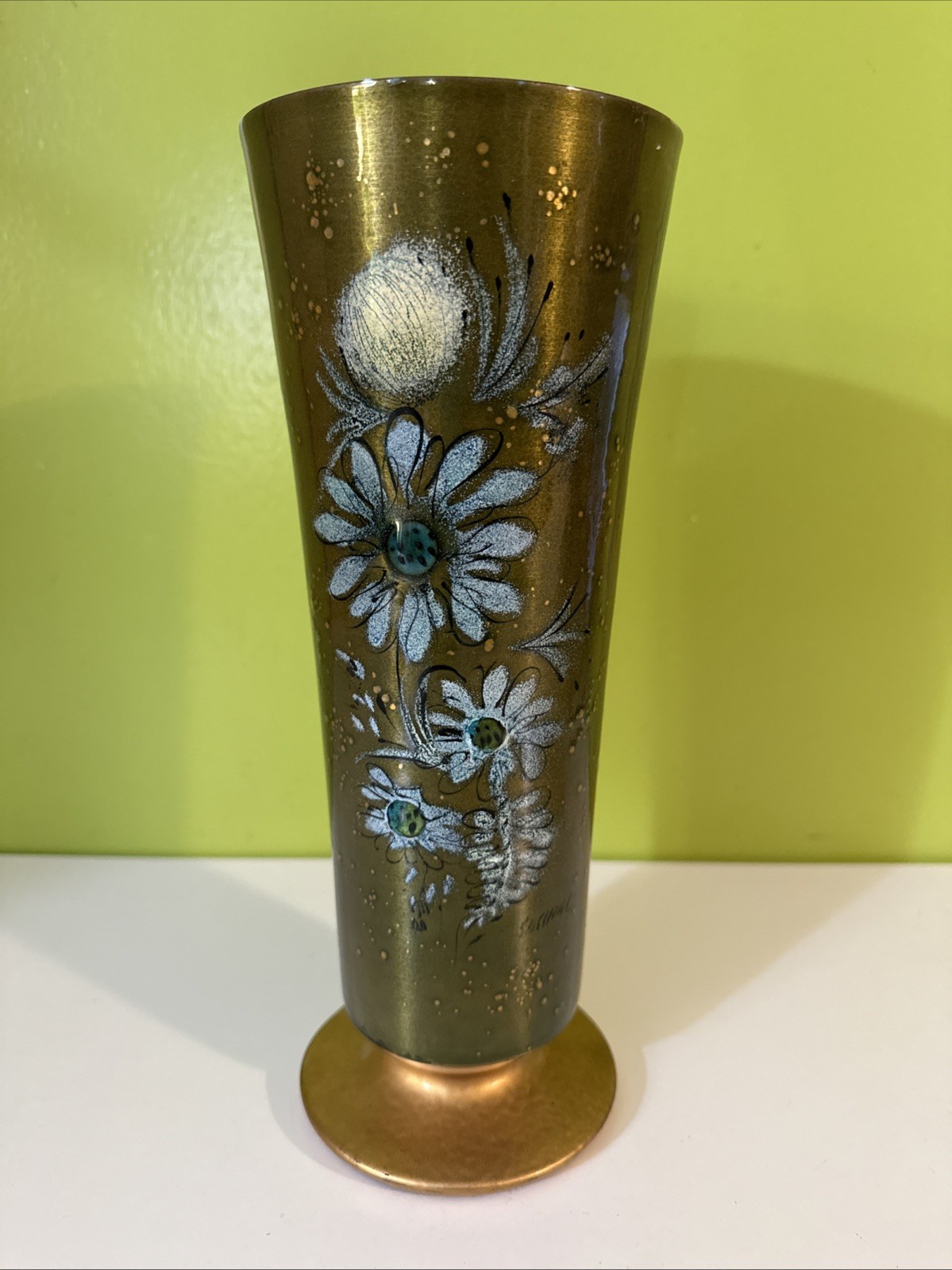 Vintage MCM Enamel On Copper Vase w/Flowers Signed Sascha Brastoff, 11.25” Tall