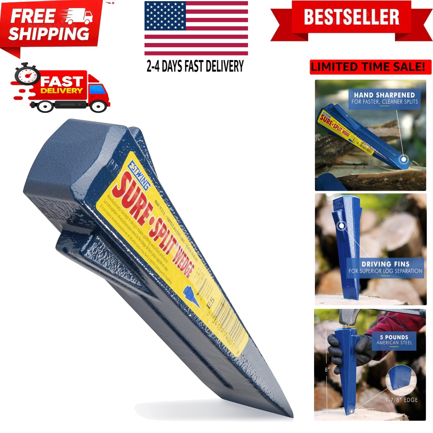 Sure Split Wedge - 5-Pound Wood Splitting Tool with Forged Steel Construction...