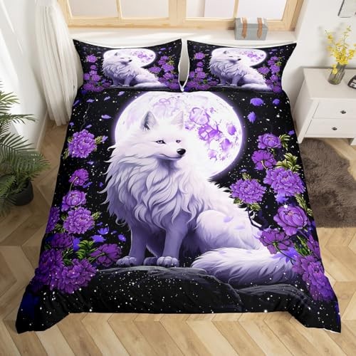 Cute Fox Duvet Cover Set Size,Moon Starry Sky Night View Bedding Full Multi 03