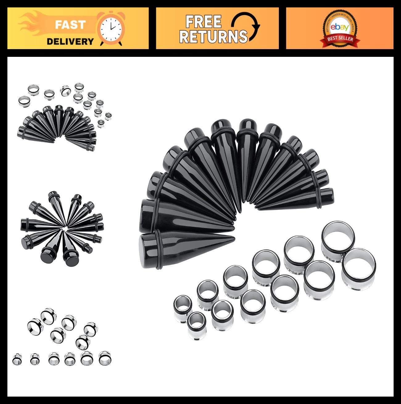 24PC Ear Gauge Stretching Kit - Acrylic Tapers & Surgical Steel Plugs 00G-20MM