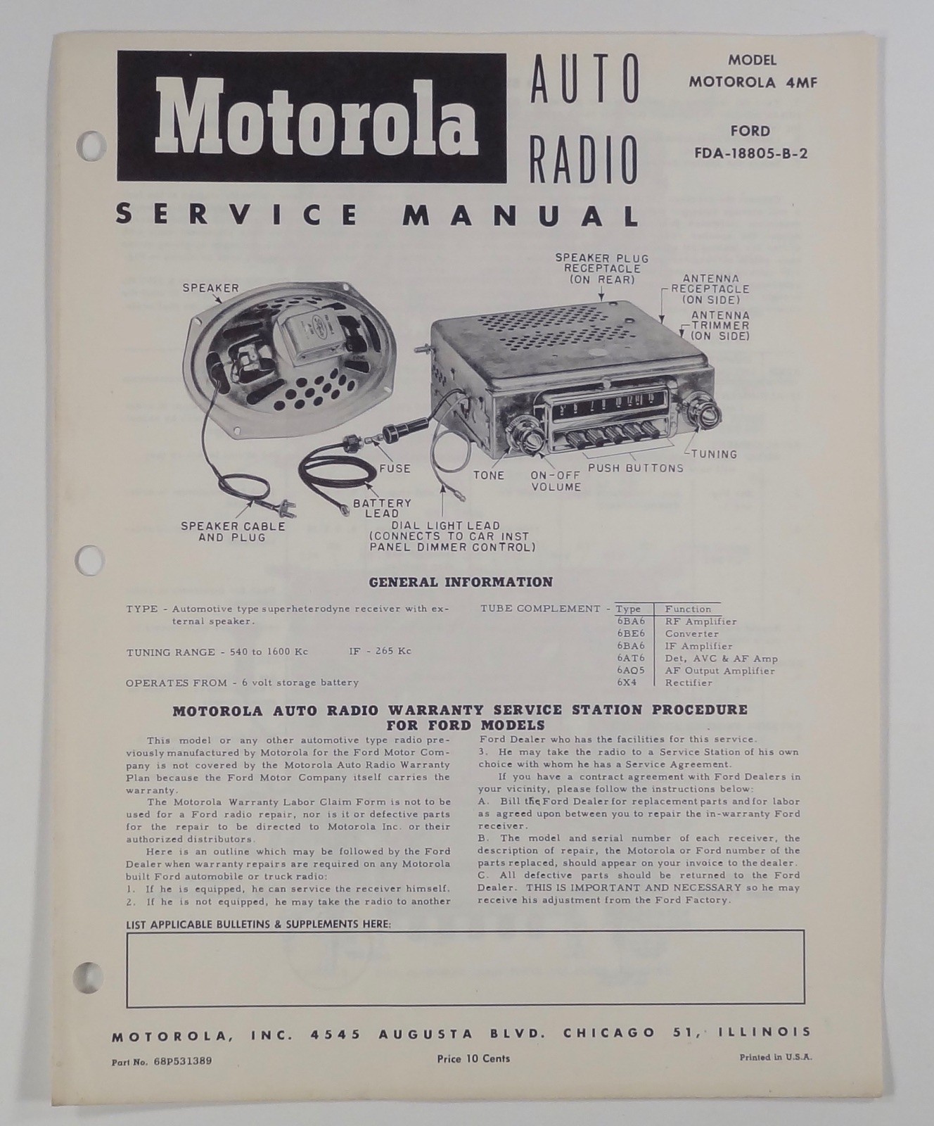 1950s MOTOROLA AUTO RADIO SERVICE MANUAL model 4MF & FORD FDA-18805-B-2 orig