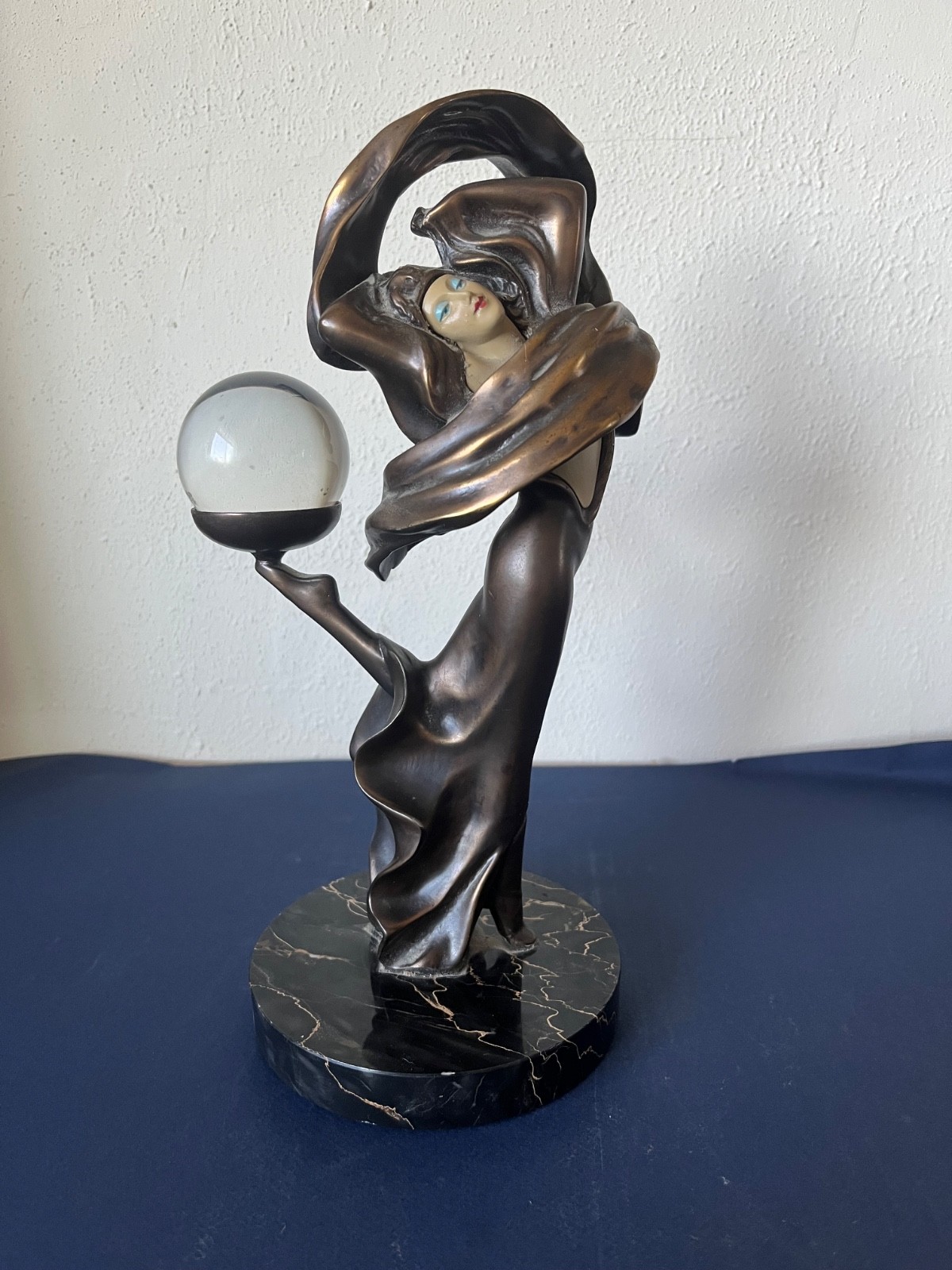 Vintage J.B. Hirsch Art Deco Bronze Dancer Statue Marble Base &Crystal Ball,C66