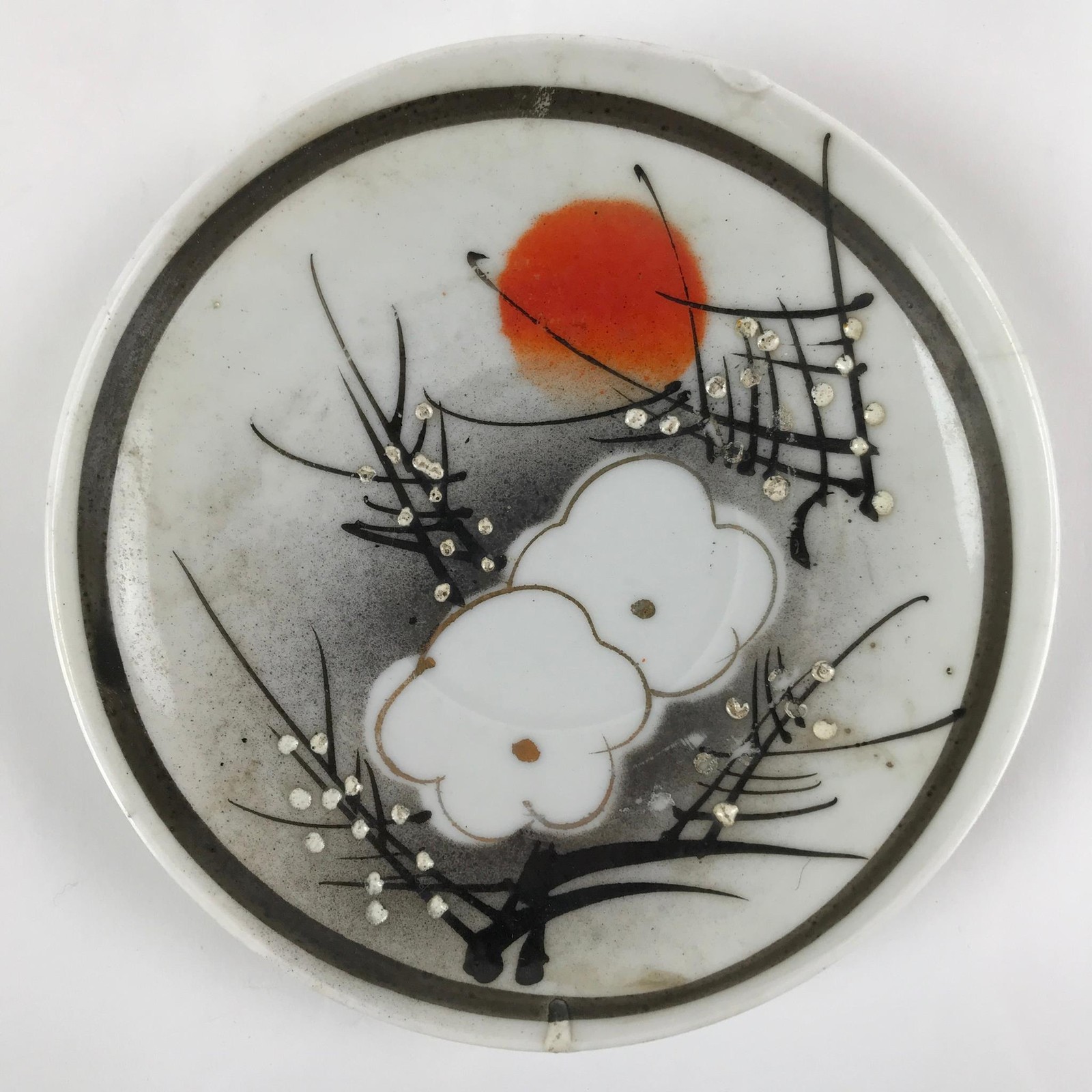 Japanese Porcelain Small Plate Kozara Vtg Plum Blossom Sun Black White PY691
