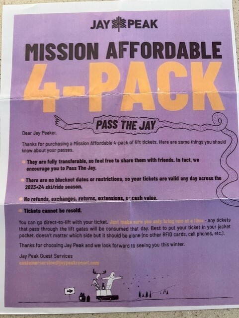 Jay Peak Ski Resort Lift Tix-4 available  No blackout dates good for 2024 season