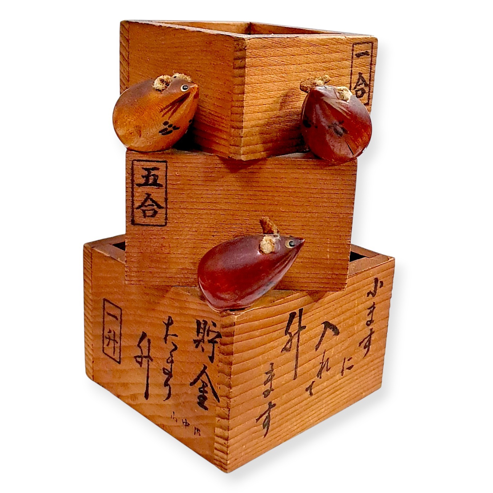 Japanese Wooden Sake Cup Fuku Masu Zodiac Mouse Rat Kokeshi Doll Piggy Bank N37