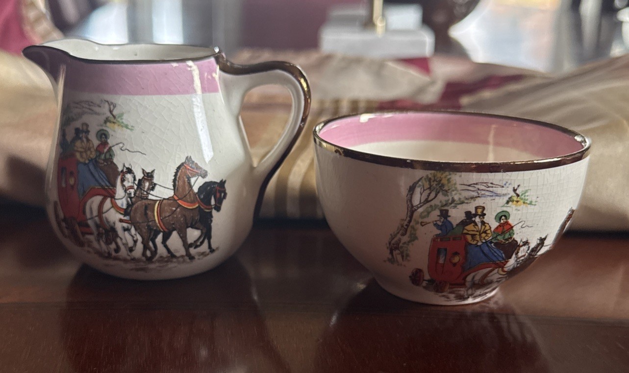 VTG Gray's Pottery Cream and Sugar Gold Trim Horses  England Hand Painted