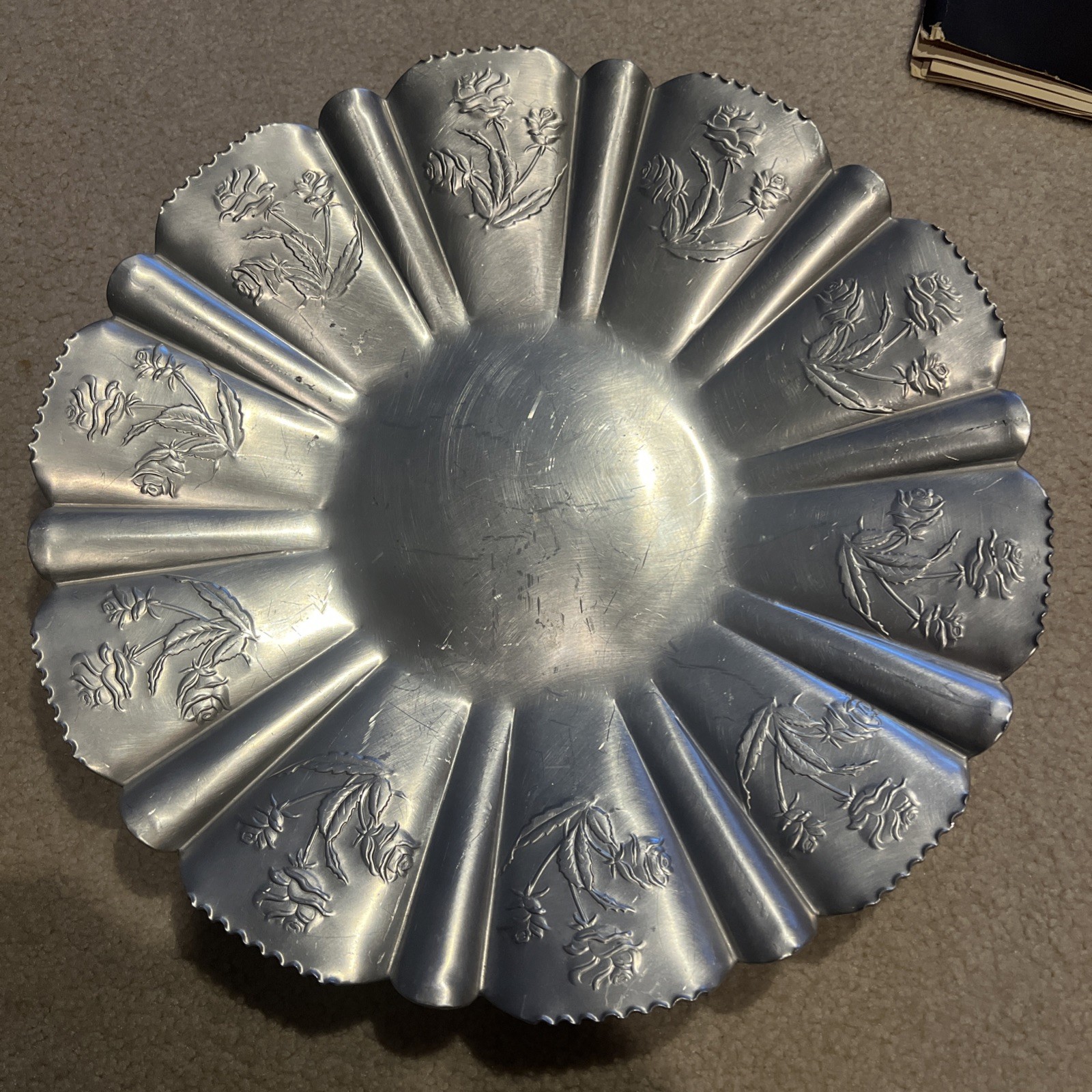 Vintage FARBER & SHLEVIN Hand Wrought Aluminum Tray 11 3/4 Embossed Roses