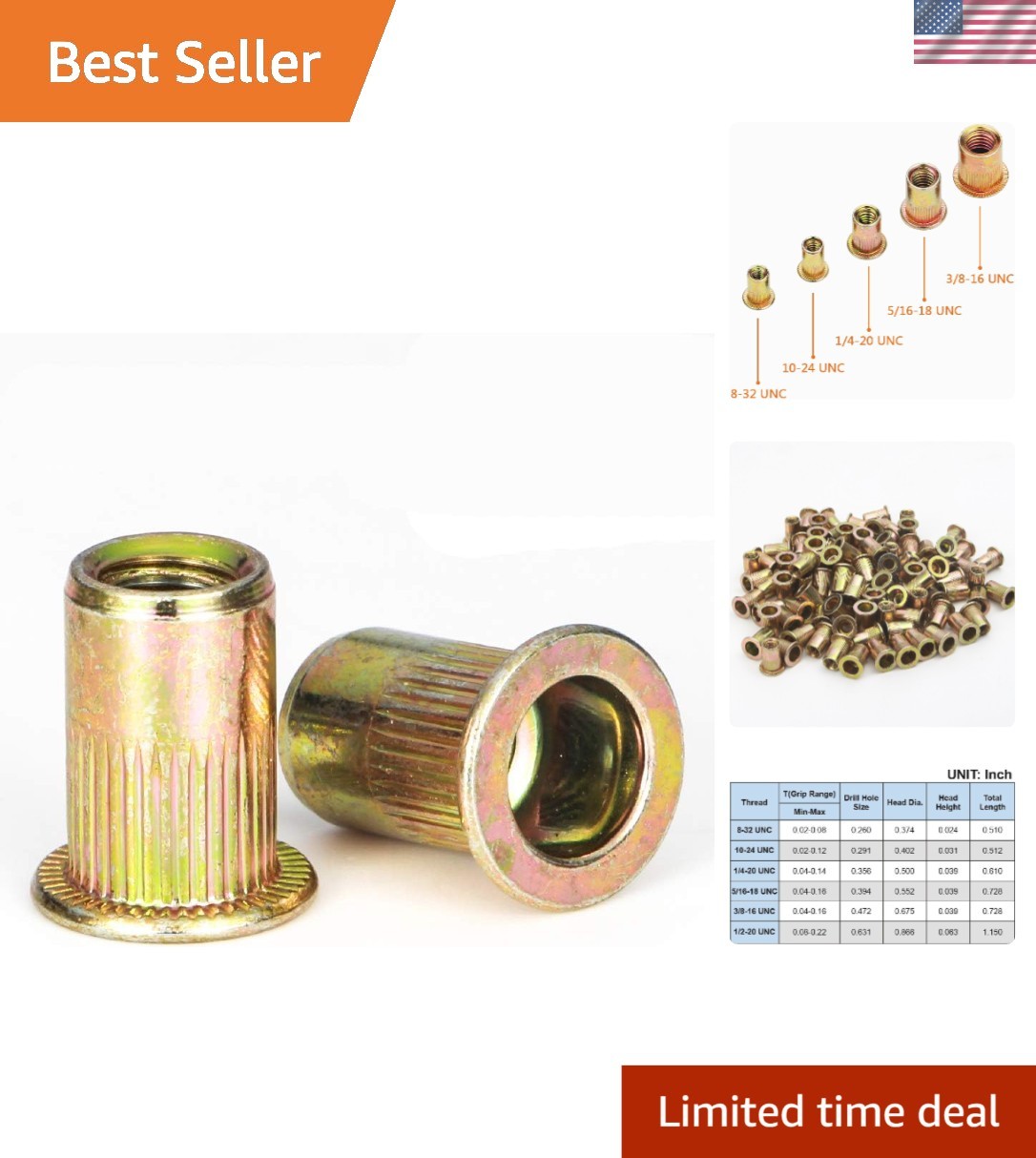 50 High-Strength Zinc Plated Rivet Nuts, Flat Head, 5/16-18 UNC - Knurled Grip