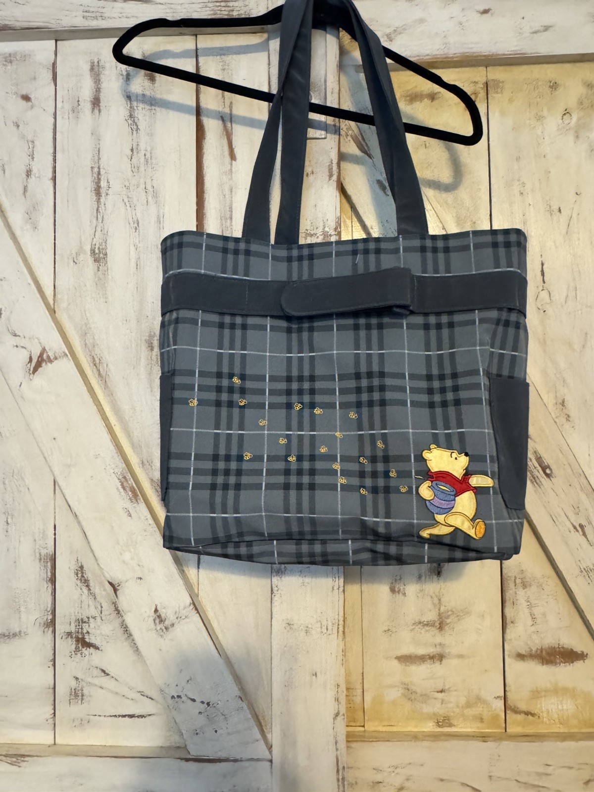 Winnie The Pooh Disney Tote Diaper Bag Gray Plaid PVC Vinyl Water Resistant