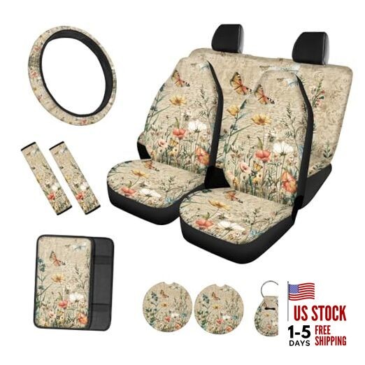 Butterfly Car Seat Covers Floral Printed Car Seat Covers Floral Butterfly-Beige