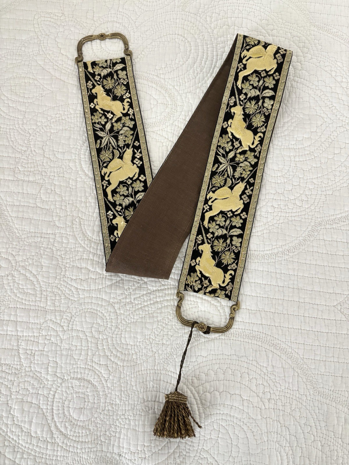 VTG Double Brass Bell Pull UNICORN Ribbon Black & Metallic Gold Super Rare Find!