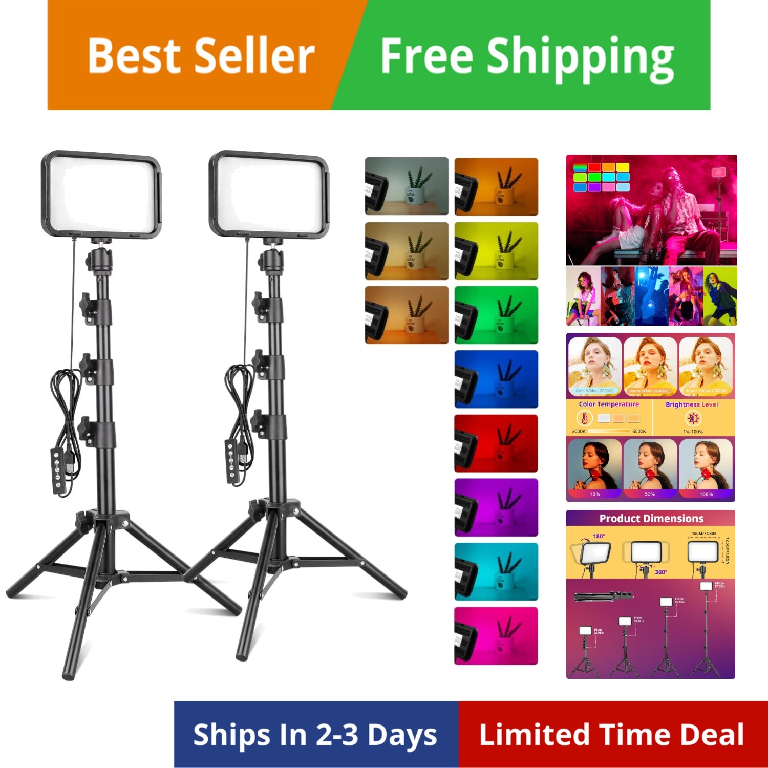 RGB Photography Video Lighting, Studio Lights with Adjustable Tripod Stand - ...