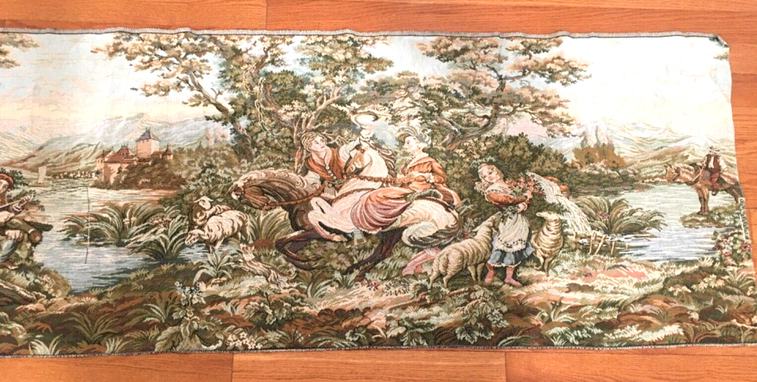 Vintage Embroidery Tapestry Riding Horse Fishing Woven  picture  62" x 27 "