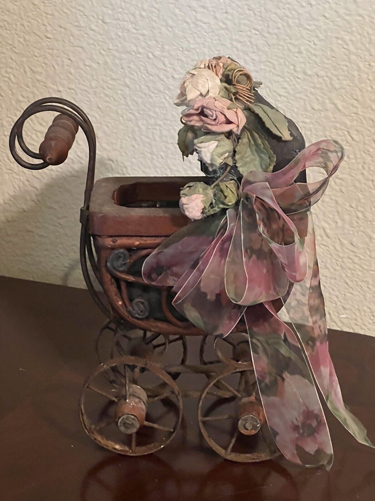 Antique Wooden Baby Carriage w Floral & Ribbon. Deco. 9x7x5 inches