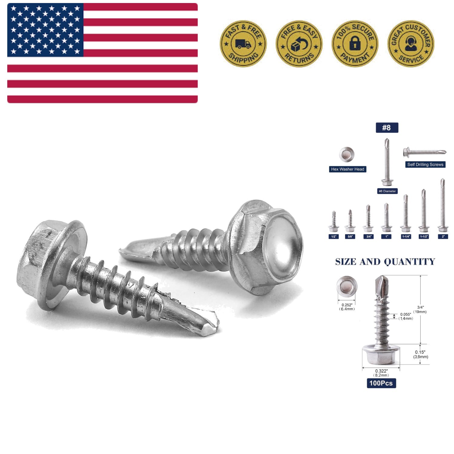 x 3/4" Sheet Metal Screws 100PCS 410 Stainless Steel Hex Washer Head Fast Sel...