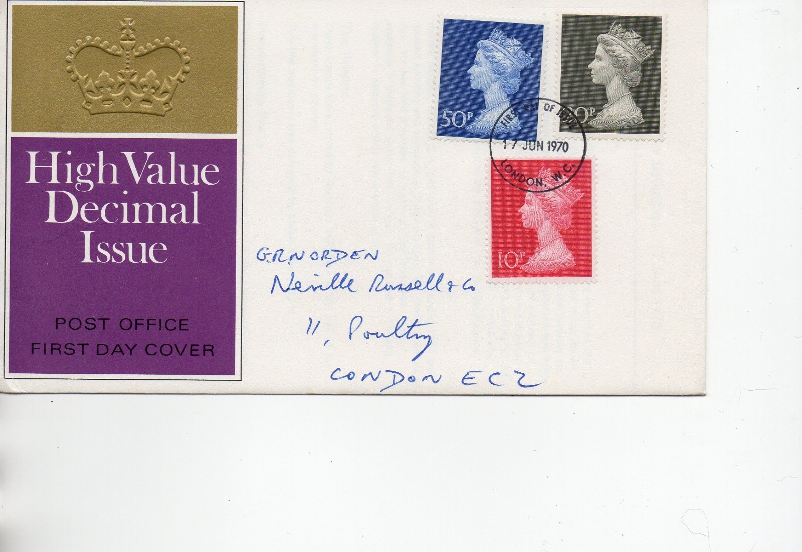 GB - First Day Cover (C 1 ) 1970 Machin high values to 50p. pmk. London WC