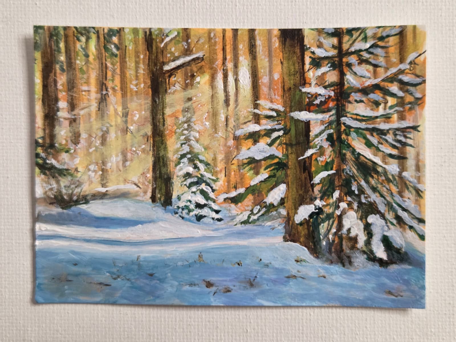 ACEO ATC Original Landscape Winter Snow Forest Morning Sunlight Mini Painting