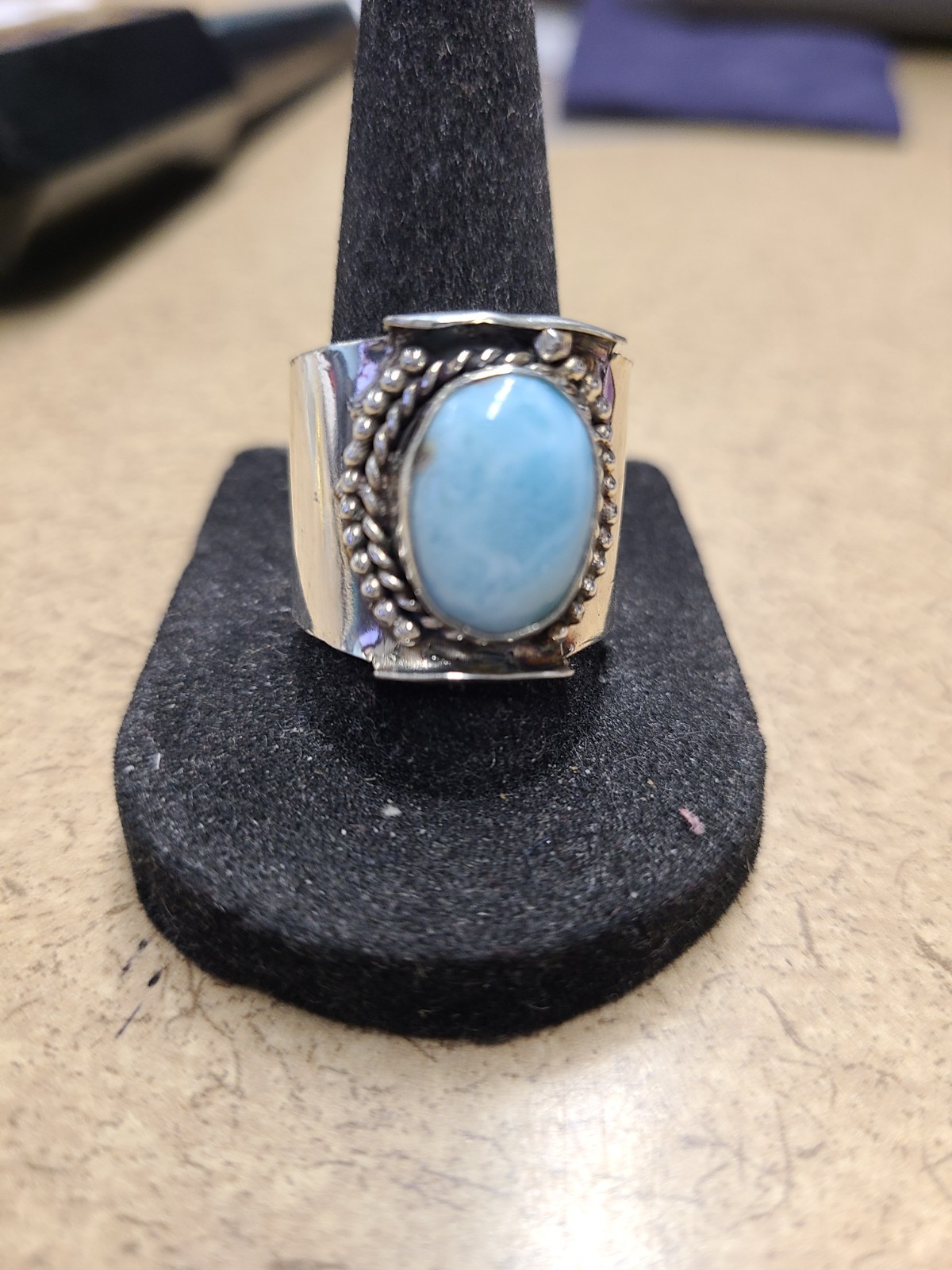 Wide Sterling Silver Larimar Ring Size 11