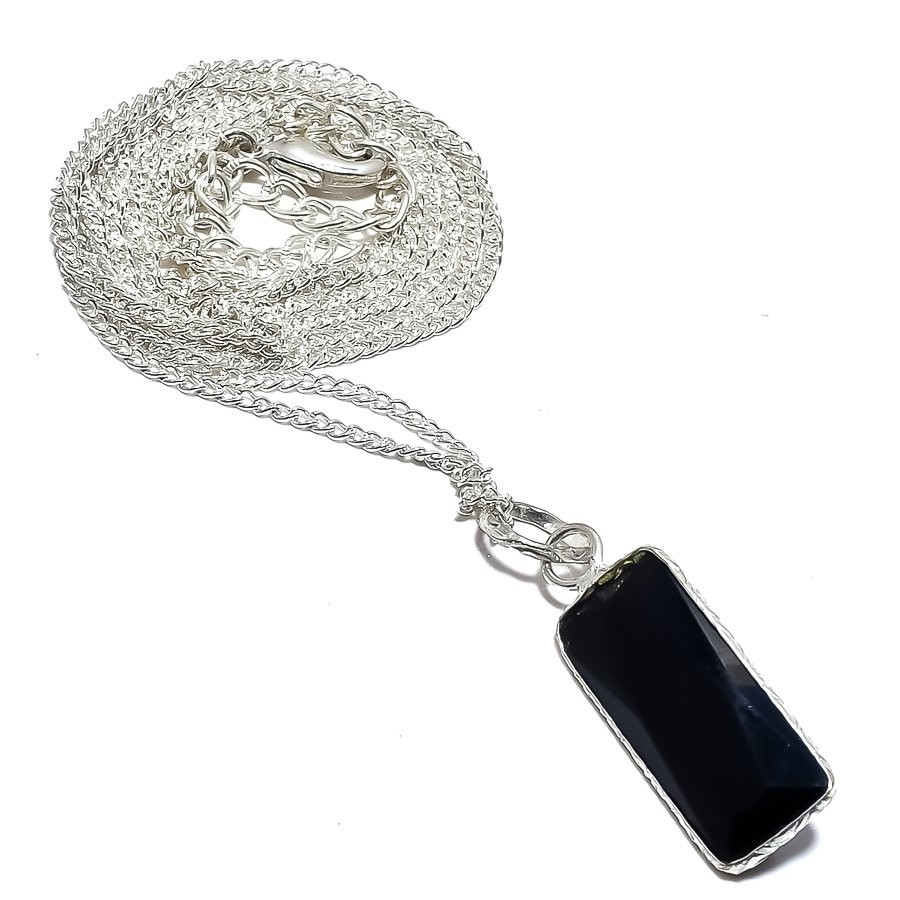 Natural Black Onyx Gemstone 925 Sterling Silver Necklace H076