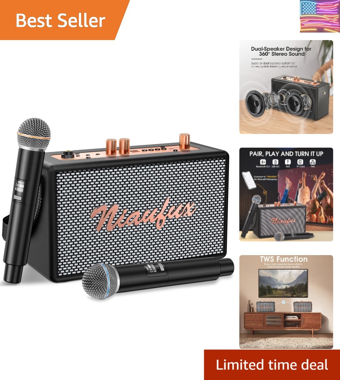 Karaoke Machine, Retro-Design Speaker with 2 Wireless Microphones for Adults ...