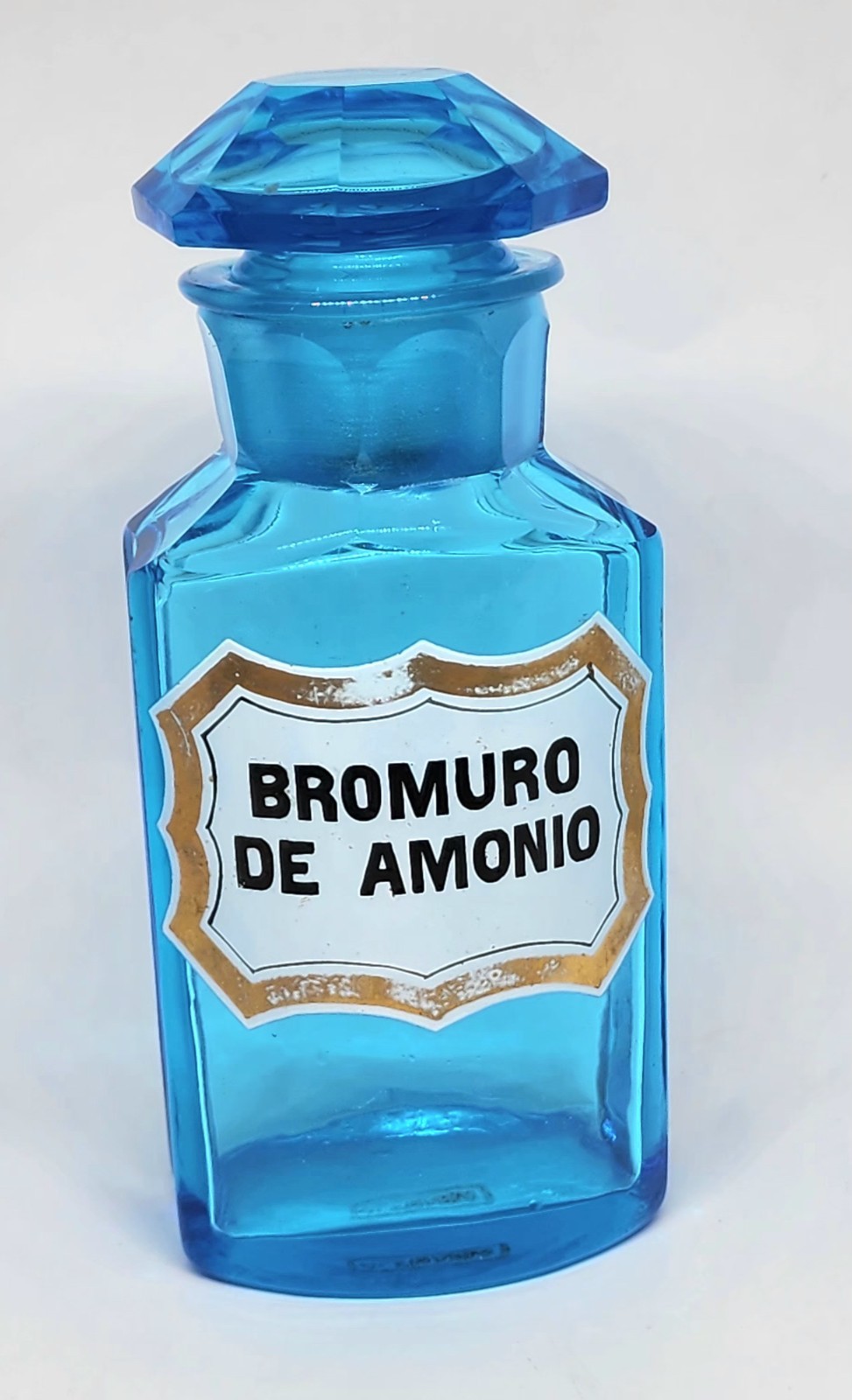 Blue apothecary pharmacy bottle with stopper and label 12,5cm tall