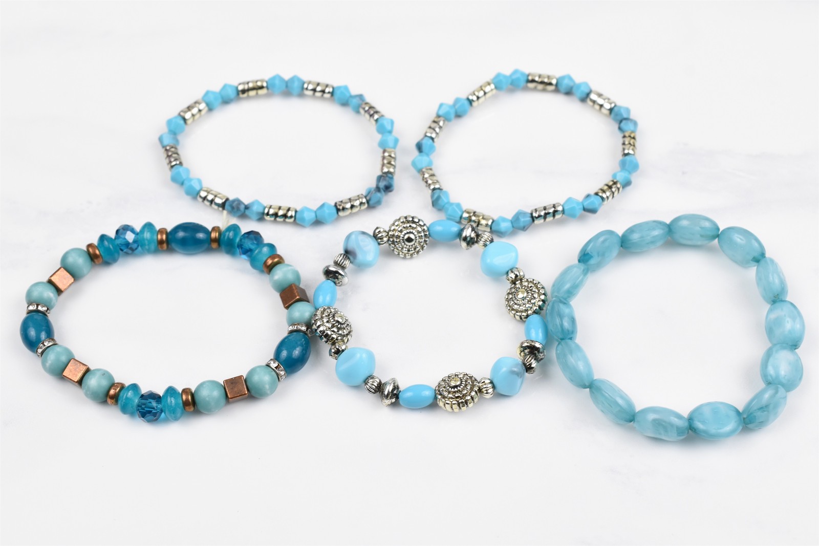 Handmade Studio 5pc Stretch Bracelet Lot Blue Tones Glass Synthetic + Copper