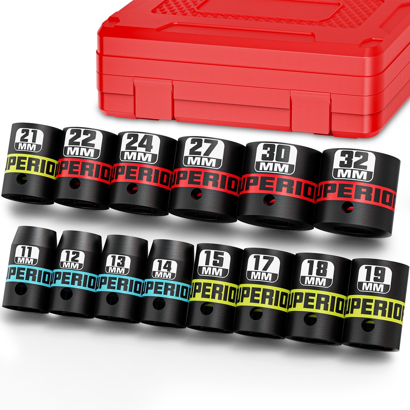 Aiourx 14 Piece 1/2" Drive Impact Socket Set, 11 mm-32 mm Shallow Metric 