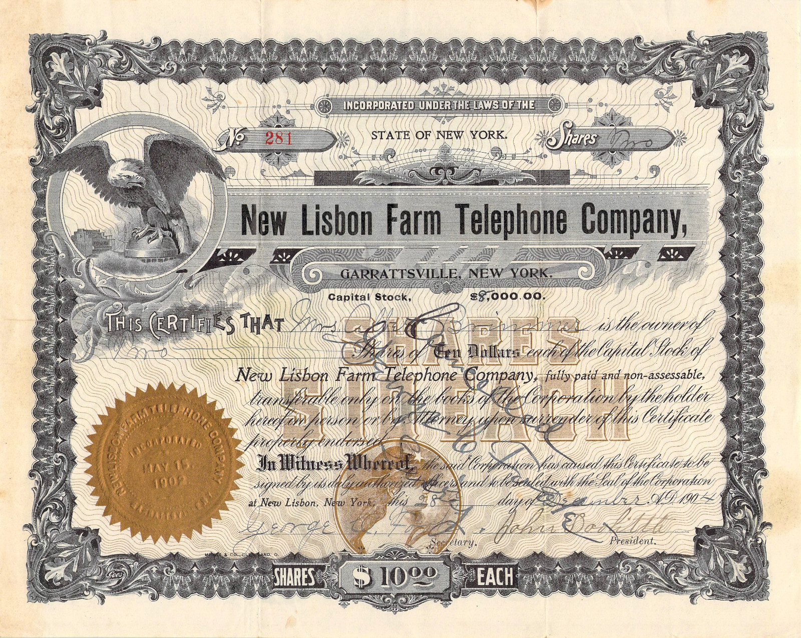 NEW LISBON FARM GARRATTSVILLE NEW YORK TELEPHONE TELEGRAPH STOCK CERTIFICATE