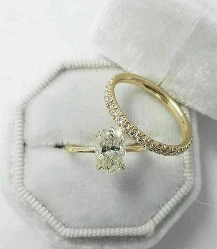 1.7Ct Oval Cut Lab Created Diamond 14K Yellow Gold FN Engagement Ring Set