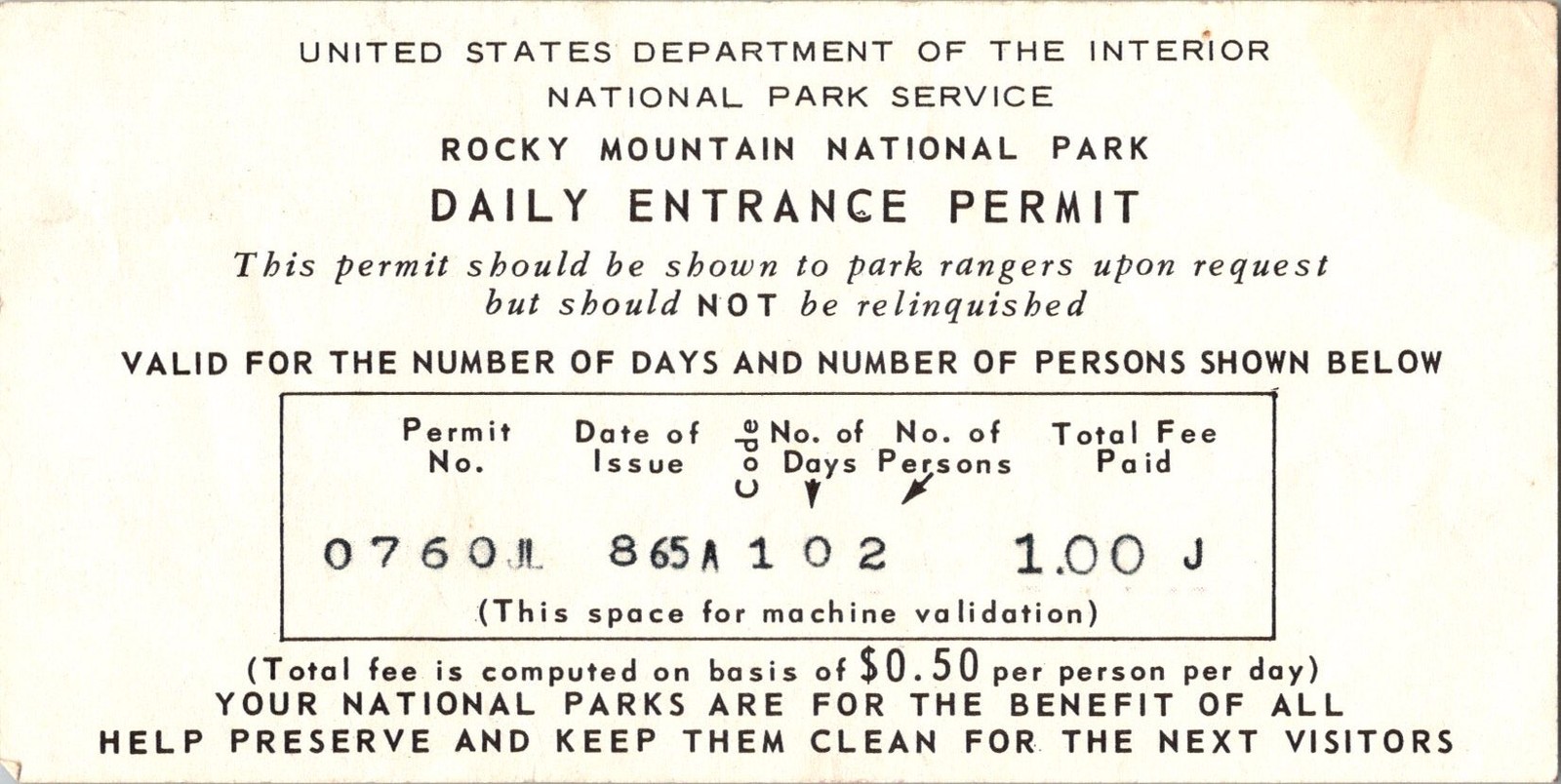 Vintage 1965 Rocky Mountain National Park Daily Entrance Permit Ticket Ephemera