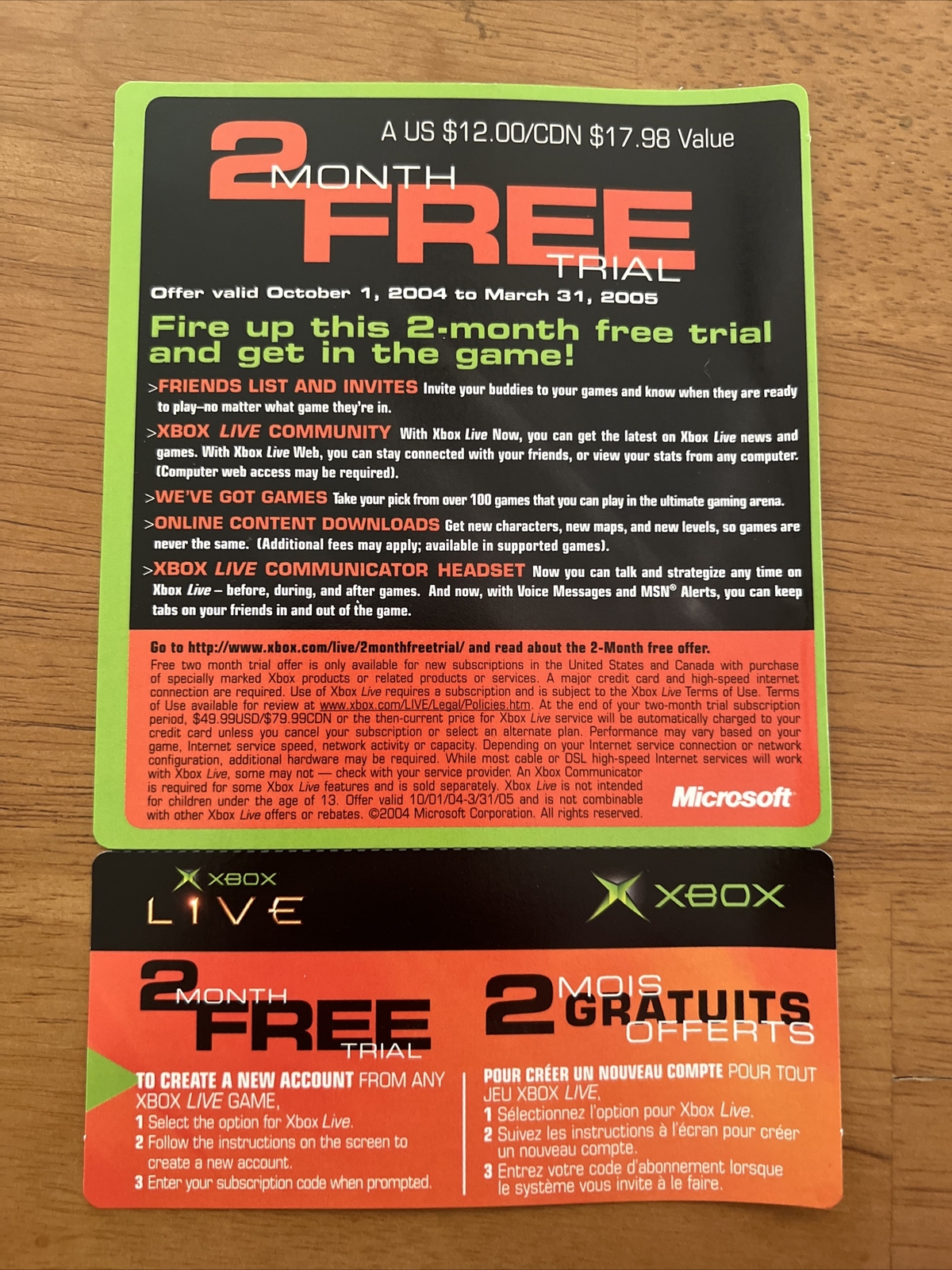 Original XBOX Live New 2 Month Free Trial Unused Collectors Card
