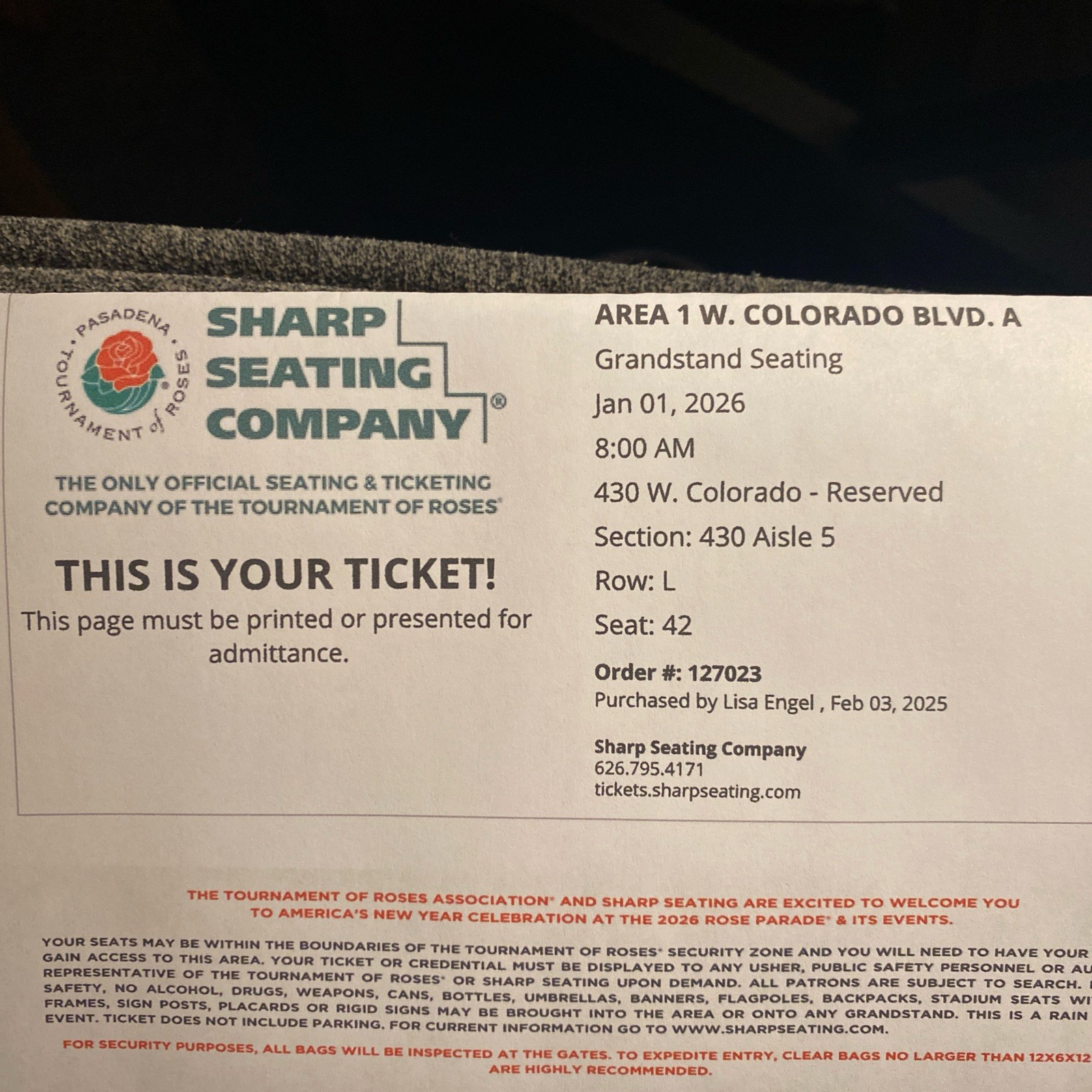 2026 Rose Parade Tickets (2) + Souvenir Program