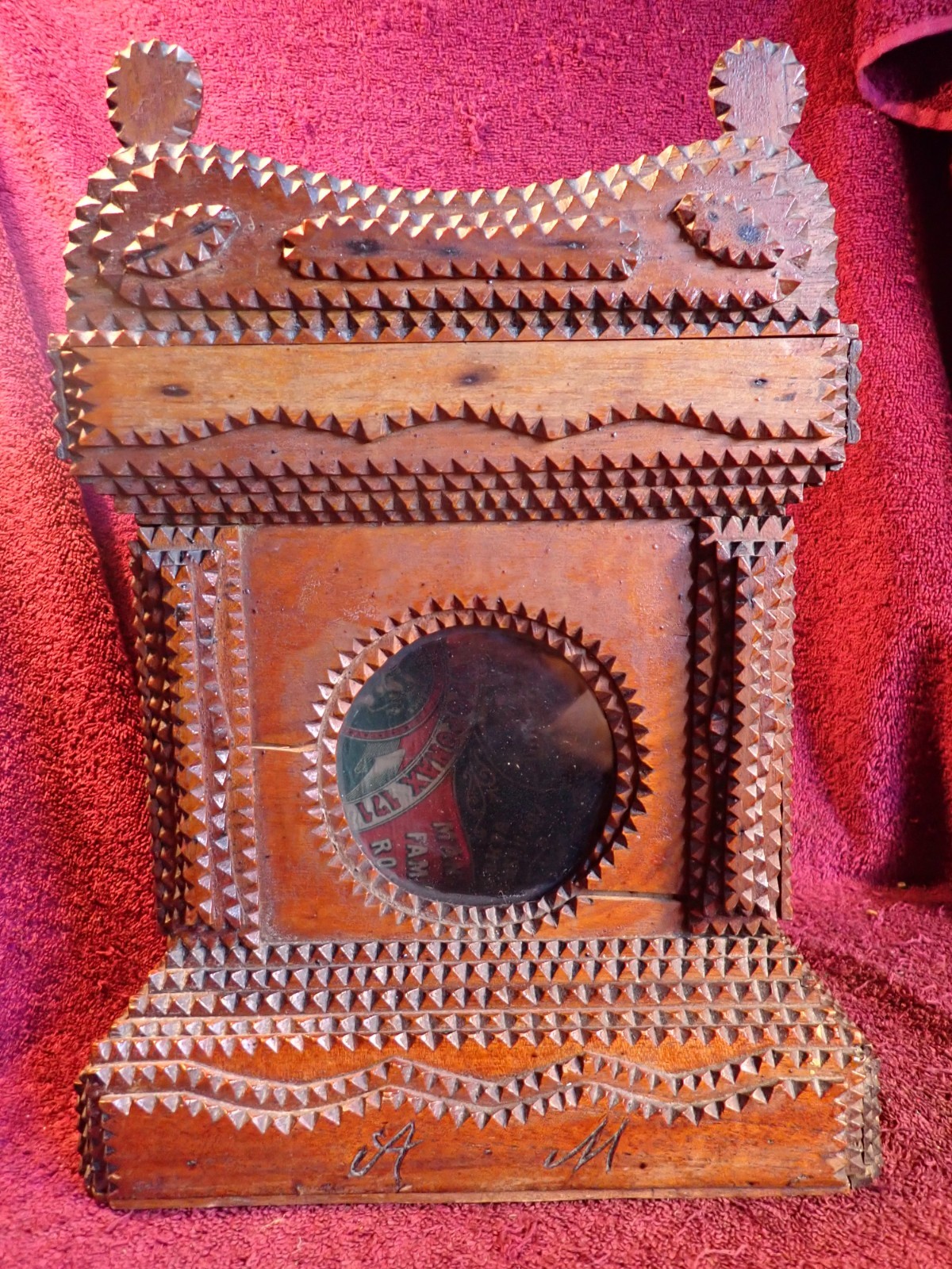JUST BEAUTIFUL ! ANTIQUE HANDMADE ALARM CLOCK TRAMP ART WOOD CASE BOX