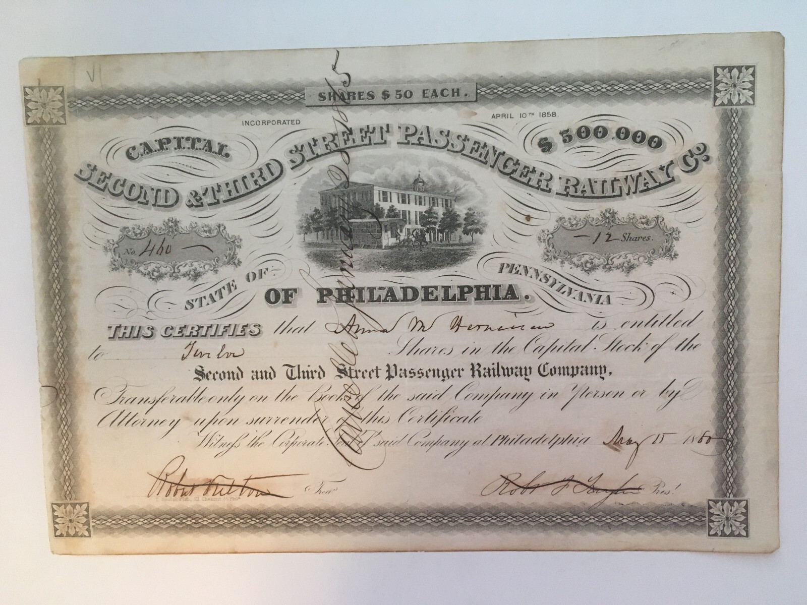 1880 SECOND THIRD STREET PHILADELPHIA RAILROAD RAILWAY STOCK CERTIFICATE