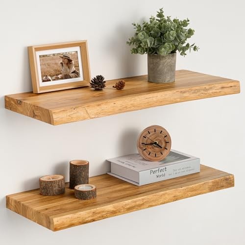 Floating Shelves Set of 2, Solid Elm Wood Live Edge, 24"L, 2Packs Clear Natural