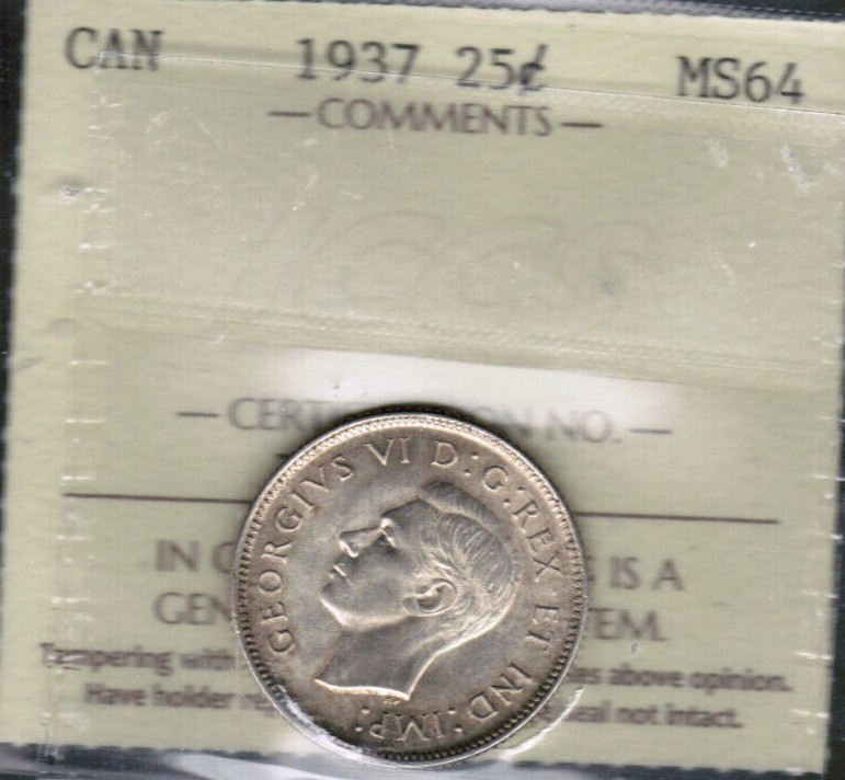 1937 Canada  25 Cents  Silver  Certified  ICCS MS-64  -  Better Year!
