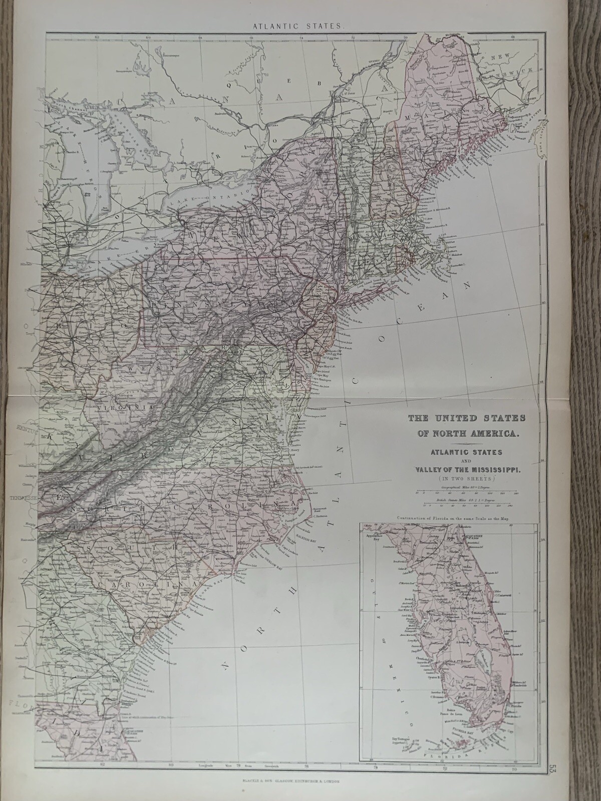 1884 United States, Atlantic States Antique Colour Map by Edward Weller